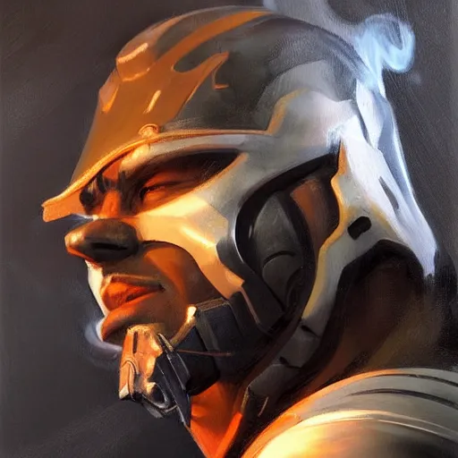 Image similar to greg manchess portrait painting of smoke from mortal kombat as overwatch character, medium shot, asymmetrical, profile picture, organic painting, sunny day, matte painting, bold shapes, hard edges, street art, trending on artstation, by huang guangjian and gil elvgren and jesper ejsing