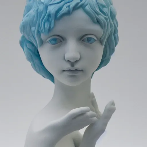 Image similar to full head and shoulders, beautiful female porcelain sculpture by daniel arsham and raoul marks, smooth, all white features on a white background, delicate facial features, white eyes, white lashes, detailed white, lots of real pastel blue hair in a winding geometric hairstyle on the head