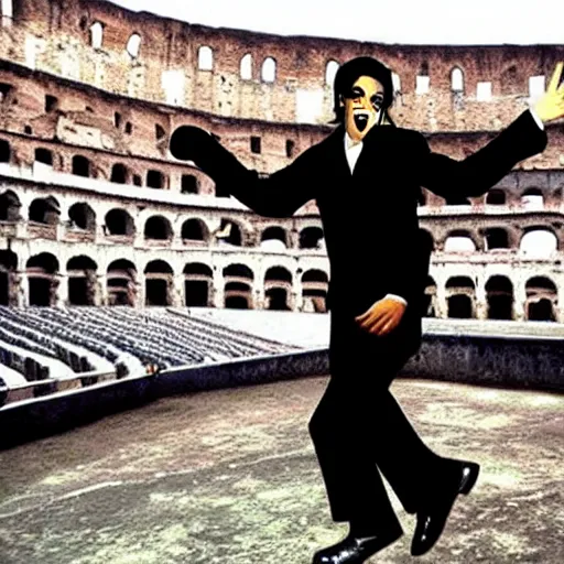 Prompt: goat tap dancing with michael jackson in the colosseum, realistic, clean, detailed