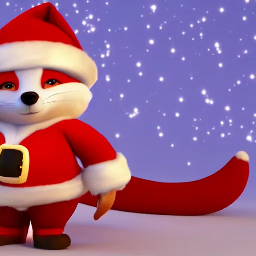 Image similar to fox, looking happy, wearing a santa hat, slightly chubby, detailed, 3d render, 4k, pixar