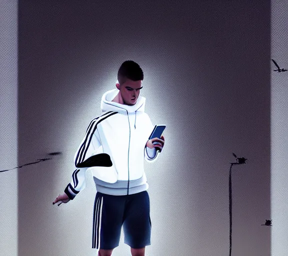 Image similar to portrait of slav heroine wearing an addidas tracksuit with a phone in hand. illuminated phone screen, by greg rutkowski and wlop, detailed, cinematic, 8 k, intricate, rule of thirds.