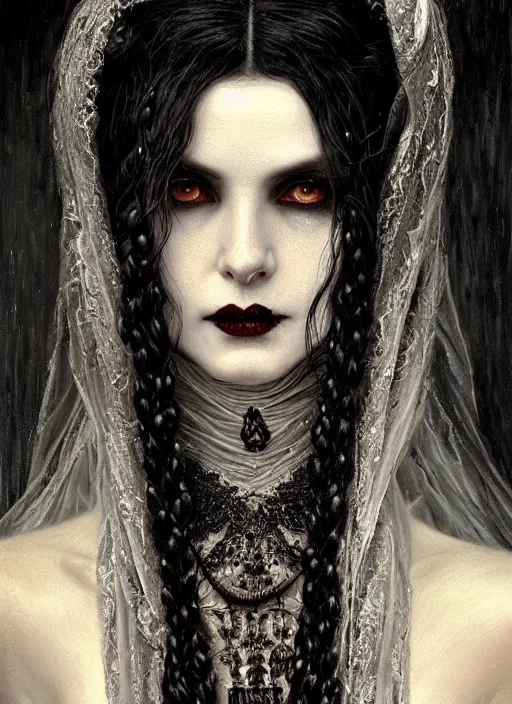 Image similar to highly detailed oil painting | very intricate | cinematic lighting | black, white and blood color scheme, dark background | portrait of a exquisite beautiful vampire old woman with long elegant tangles of black hair, eyes, gothic fog ambience, hyper realistic head, fantasy victorian art, in the style of greg rutkowski, zdizslaw beksinski, intricate, alphonse mucha