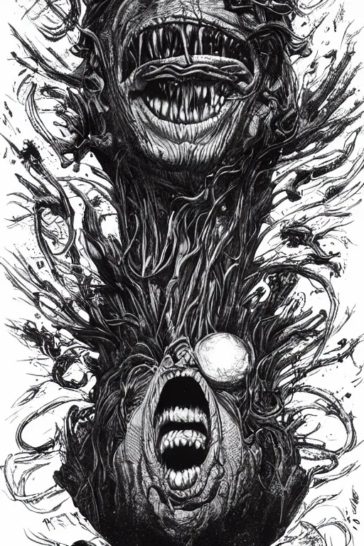 Image similar to donald trump as a disgusting monster consuming the world, horror, high details, intricate details, by vincent di fate, artgerm julie bell beeple, 80s, inking, vintage 80s print, screen print