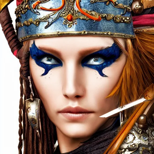 Image similar to beautiful pirate queen with ornate armour, highly detailed, 4k, HDR, smooth, sharp focus, hyper realistic, high resolution, award-winning photo
