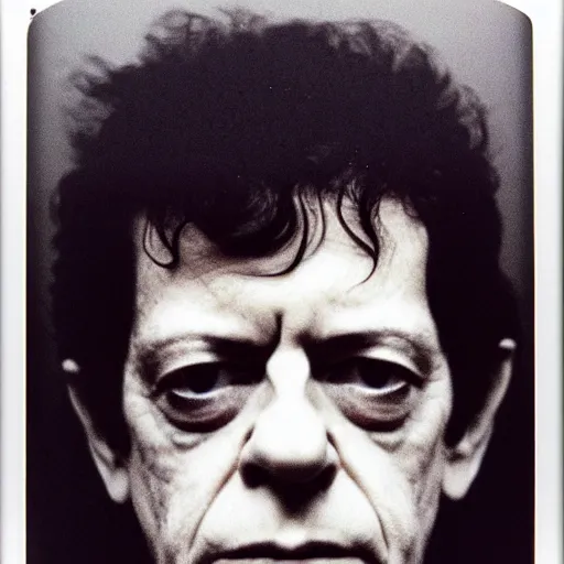 Prompt: Mugshot Portrait of Lou Reed, taken in the 1970s, photo taken on a 1970s polaroid camera, grainy, real life, hyperrealistic, ultra realistic, realistic, highly detailed, epic, HD quality, 8k resolution, body and headshot, film still, front facing, front view, headshot and bodyshot, detailed face, very detailed face