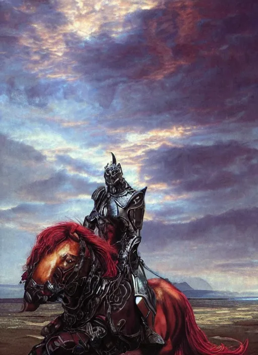 Prompt: portrait of a diabolical beautiful horse cyborg, torn cape, adaptive armor, dynamic pose, heavy eyes to the side, ancient ruins, glowing veins subsurface scattering, in clouds, sunset, portrait, by gerald brom, by mikhail vrubel, by peter elson, muted colors, extreme detail, reflections, trending on artstation, 8 k