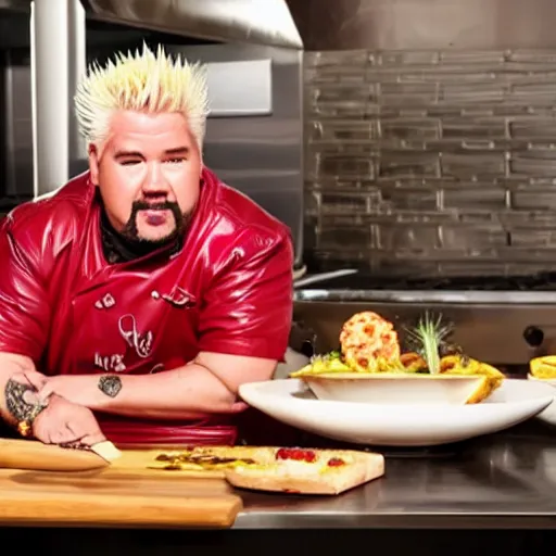 Image similar to Guy Fieri in a modern restaurant kitchen, hyper-realistic, 8k, dramatic lighting, at night, sharp focus