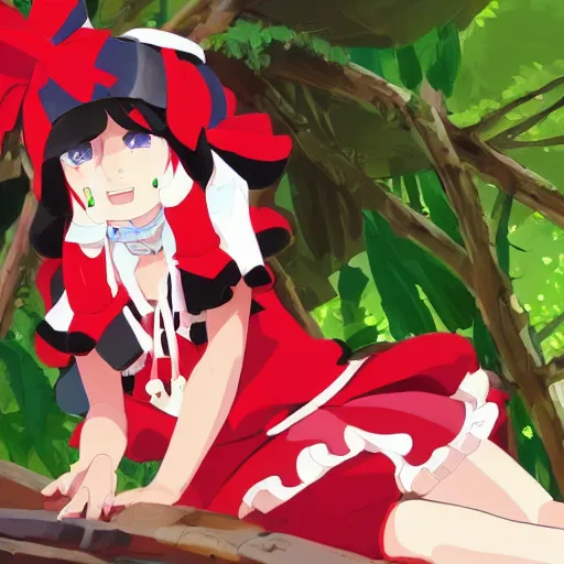 Image similar to a james gilleard of reimu in the jungle wearing bonnet