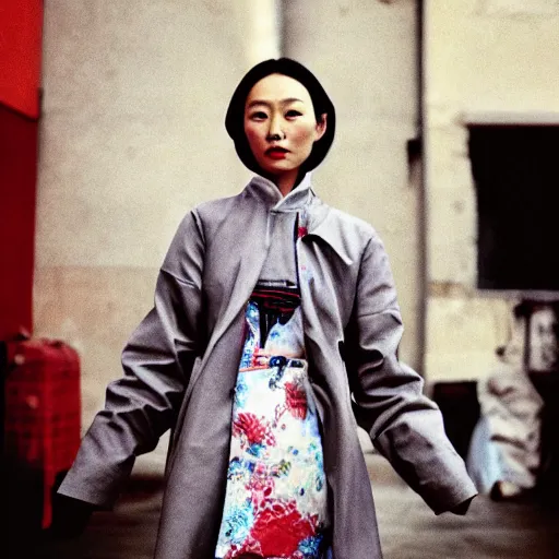 Prompt: A Chinese woman wearing clothes from 2078, portrait, Taschen, 35 mm film, by David Bailey, Peter Lindbergh, Davide Sorrenti