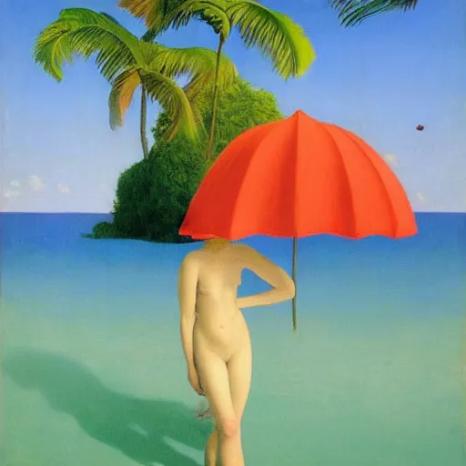 Prompt: a dream-vacation in the tropical beach by Raphael, Hopper, and Rene Magritte. detailed, romantic, enchanting, trending on artstation.