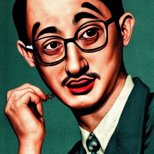 Image similar to A 1950s Colorized Style Poster of Filthy Frank, grainy, realistic, hyperrealistic, very realistic, very very realistic, highly detailed, very detailed, extremely detailed, detailed, digital art, trending on artstation, detailed face, very detailed face, very detailed face, realism, HD Quality, 8k resolution, intricate details, body and head in frame, drawing, inked drawing, poster drawing, neat drawing, 1950s, 50s, in the style of Frank Hampson, in the style of Frank Bellamy, in the style of Dave Gibbons, in the style of Don Lawrence, in the style of Wally Wood, Colorized, 1950s Poster