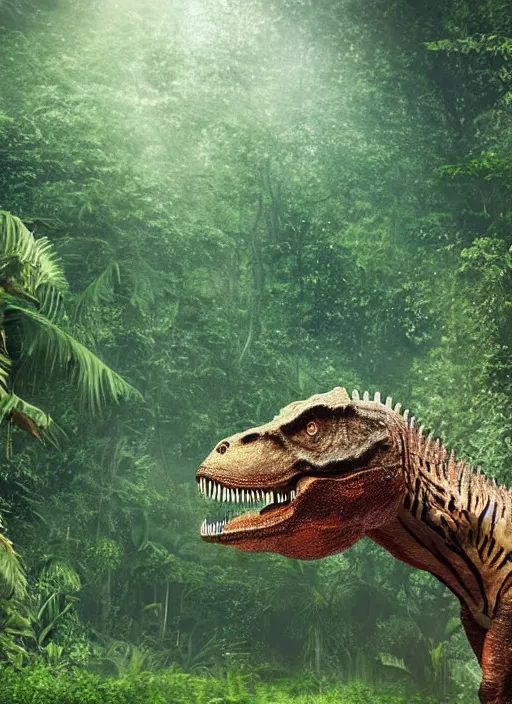 Prompt: a tyrannosaurus rex in a jungle, inside a glass jar, photo realistic