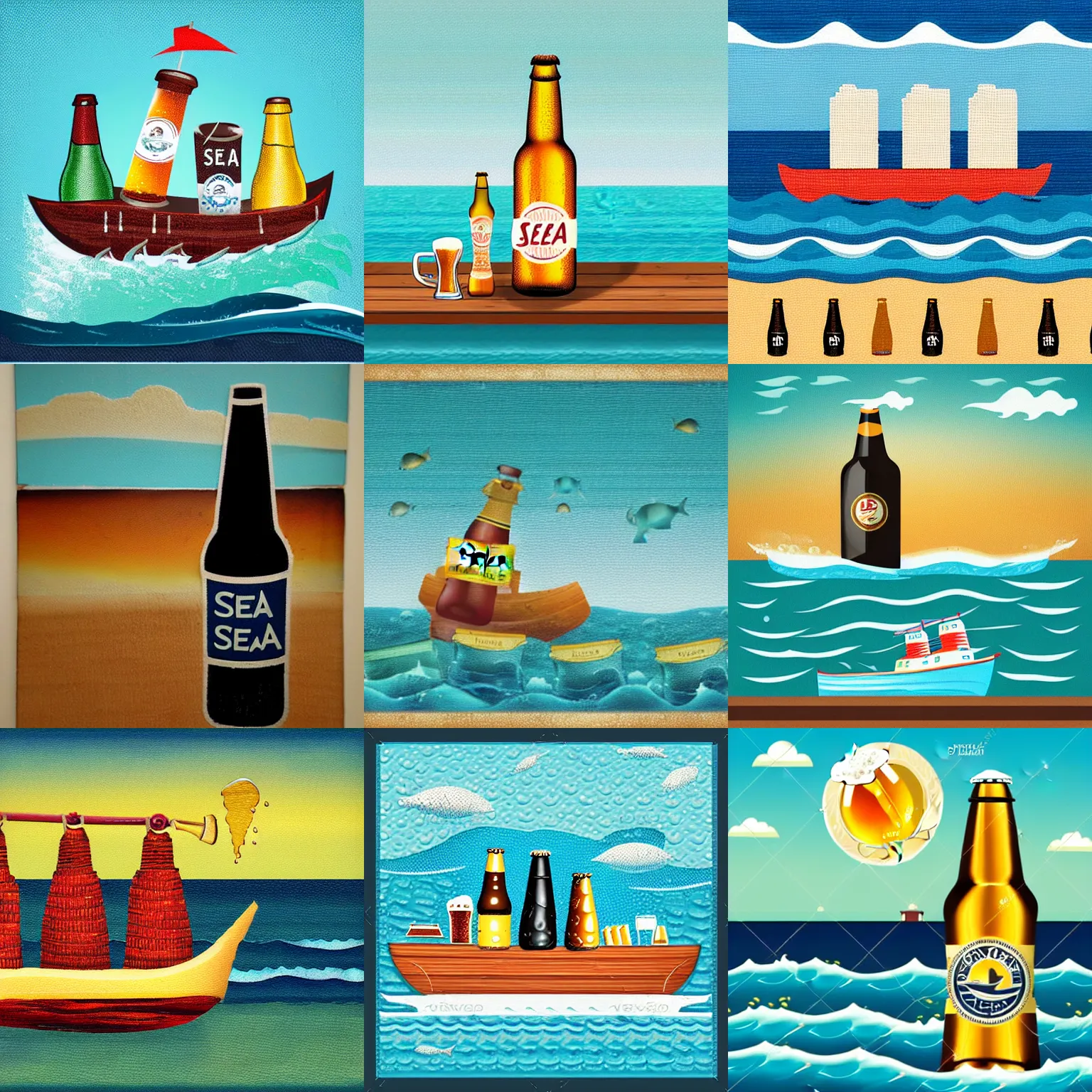 Prompt: sea with beer-texture, bottle ship