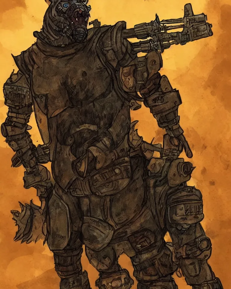 Image similar to a good ol'hound dog fursona ( from the furry fandom ), heavily armed and armored facing down armageddon in a dark and gritty version from the makers of mad max : fury road. witness me.