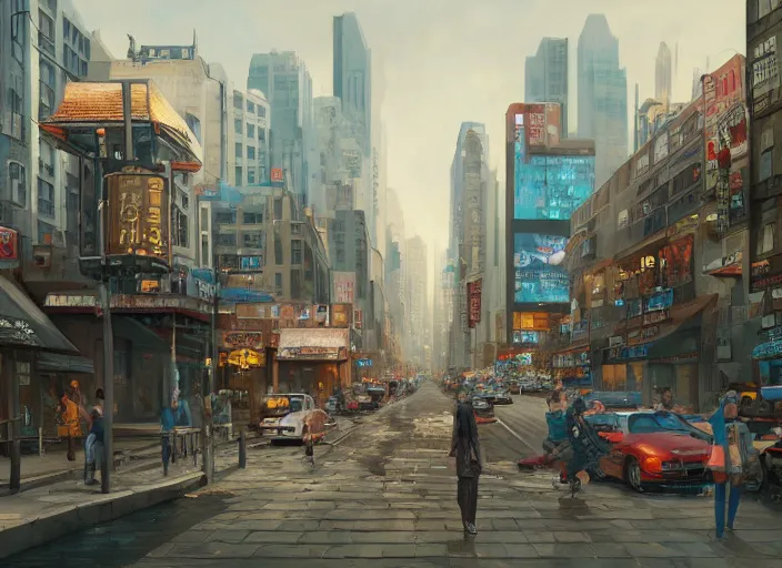 Prompt: a painting of a city street with buildings and signs, a detailed matte painting by ji sheng, cgsociety, american scene painting, anime aesthetic, y 2 k aesthetic, cityscape