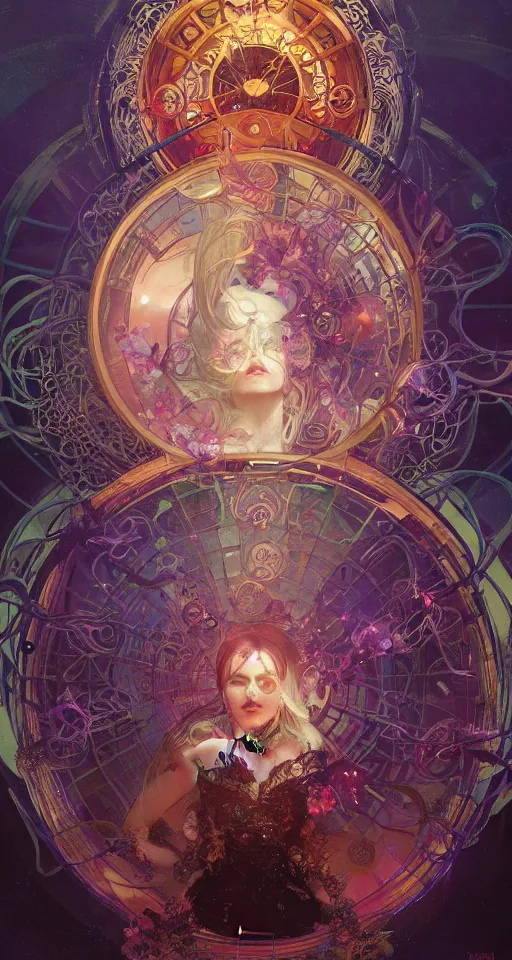 Prompt: she dreams of arcs of purple flame intertwined with glowing sparks, glinting particles of ice, dramatic lighting, steampunk, bright neon, secret holographic cyphers, red flowers, solar flares, intricate art by alphonse mucha and greg rutkowski and ruan jia