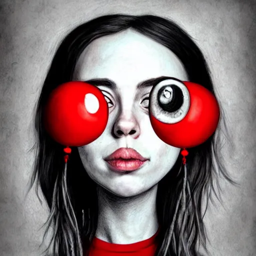 Prompt: surrealism grunge cartoon portrait sketch of billie eilish with a wide smile and a red balloon by - michael karcz, loony toons style, the conjuring style, horror theme, detailed, elegant, intricate