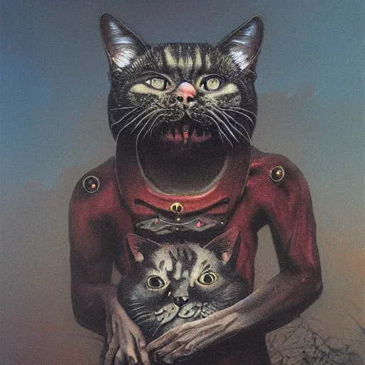 Image similar to grinning evil cat, HD, award winning, in style of beksinski, film grain, medium format, 8k resolution, oil on canvas