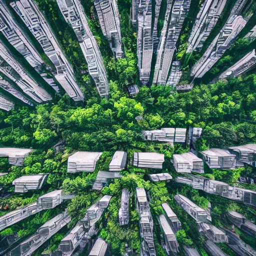 Prompt: photo shooted from sky ,modern green area park, cyberpunk, 4k cinema effect,