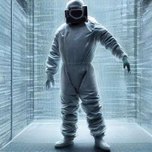 Image similar to hazmat suit wrestlemania, hyper realism, cinematic, volumetric lighting, epic composition, high detail, octane render, unreal engine, 8 k, concept art, 3 d render, datamosh, ray tracing, apocalyptic, intricate complexity, extremely detailed, very sharp,