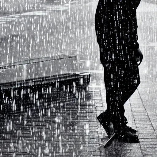 Prompt: black and white fashion photograph, highly detailed portrait of a depressed drug dealer sitting on the bench on a busy street, looking into camera, natural light, rain, mist, lomo, fashion photography, film grain, soft vignette, sigma 85mm f/1.4 1/10 sec shutter