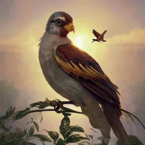 Image similar to clear portrait of bird, adorable appearance!!!, golden hour, happy apearance, cottagecore!!, background hyper detailed, character concept, full body, dynamic pose, intricate, elegant, highly detailed, digital painting, artstation, concept art, smooth, sharp focus, illustration, art by artgerm and greg rutkowski and alphonse mucha