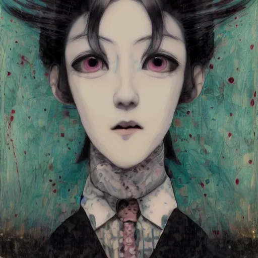 Image similar to yoshitaka amano blurred and dreamy realistic three quarter angle portrait of a woman with white hair and black eyes wearing dress suit with tie, junji ito abstract patterns in the background, satoshi kon anime, noisy film grain effect, highly detailed, renaissance oil painting, weird portrait angle, blurred lost edges