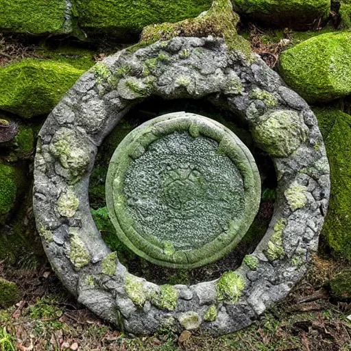 Prompt: stone stargate, mossy, portal to another world