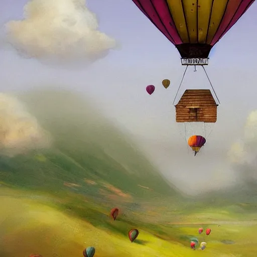 Prompt: a colorful hot air balloon made of a house flies in the valley by esao andrews, trending on artstation