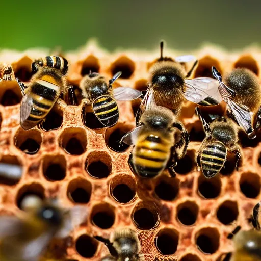 Image similar to microscopic image of bees building their hive, high resolution, 4 k