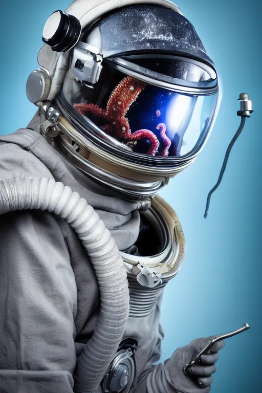 Image similar to extremely detailed studio portrait of space astronaut, alien tentacle protruding from eyes and mouth, slimy tentacle breaking through helmet visor, shattered visor, full body, soft light, plain studio background, disturbing, shocking realization, award winning photo by paola agosti