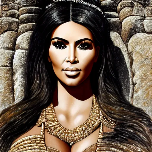 Prompt: detailed portrait of kim kardashian in mayan pyramid jungle ruins by david roberts