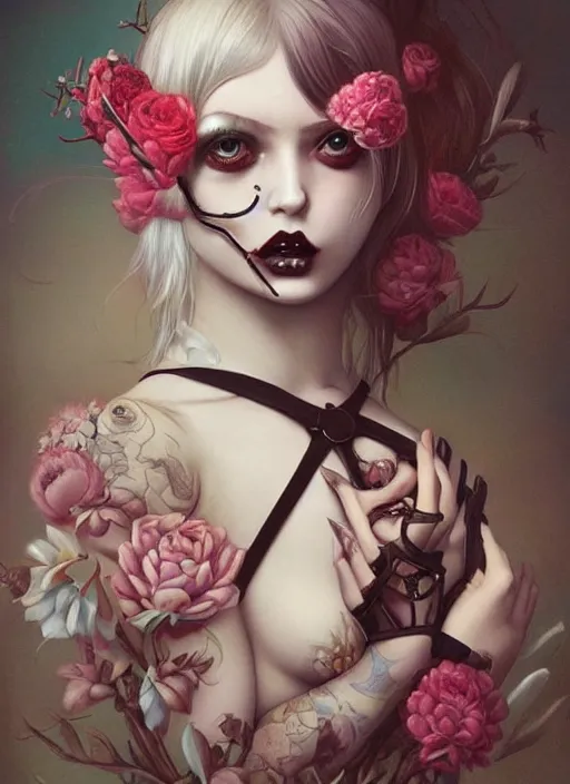 Image similar to pop surrealism, lowbrow art, realistic cute girl painting, body harness, japanese shibari with flowers, hyper realism, muted colours, rococo, natalie shau, loreta lux, tom bagshaw, trevor brown style,