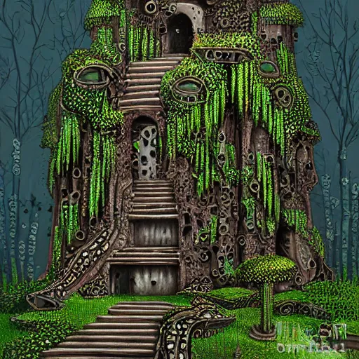 Image similar to ruined tower covered in creepers, beautiful, intricate, detailed, digital art painting