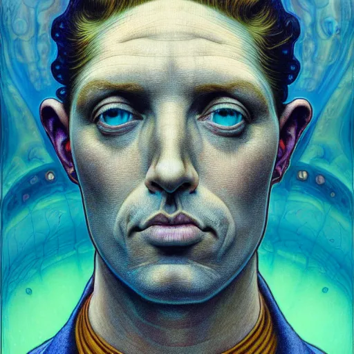 Prompt: realistic extremely detailed portrait painting of an average man with exposed clear brain , retro futuristic ,water , style hybrid mix of beeple,Jean Delville, Amano,Yves Tanguy, Alphonse Mucha, Ernst Haeckel, Edward Robert Hughes,Stanisław Szukalski and Roger Dean, rich moody colors, blue eyes,octane render,4k,f32
