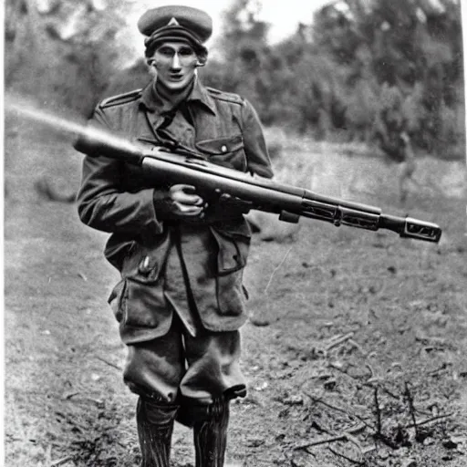 Image similar to old wartime photograph of crash bandicoot the video game character holding a lewis gun, 1 9 1 7