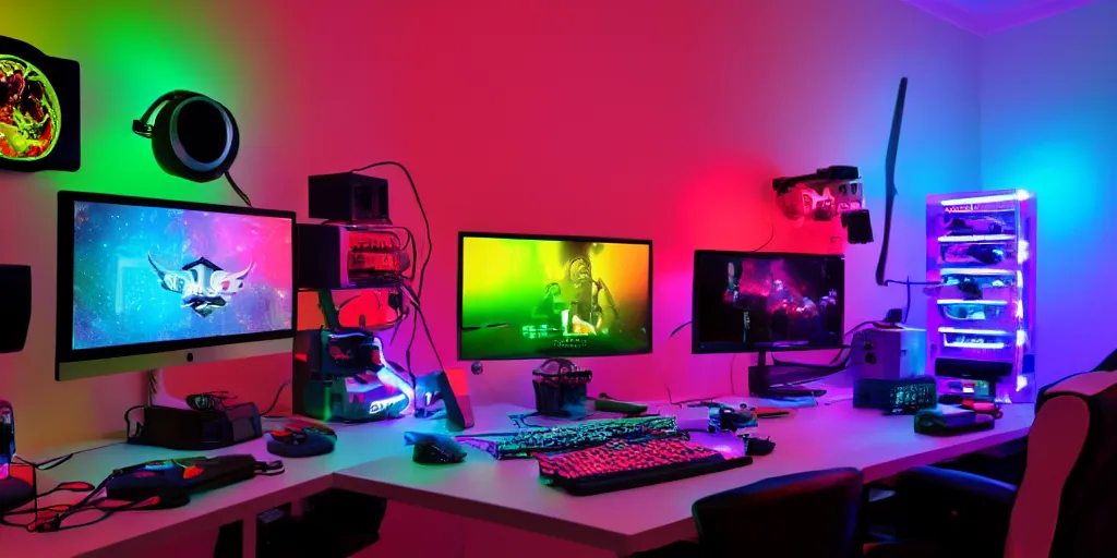 Image similar to gamer room with desktop pc, colorful led lighting, gaming chair, wall art, at night, photography
