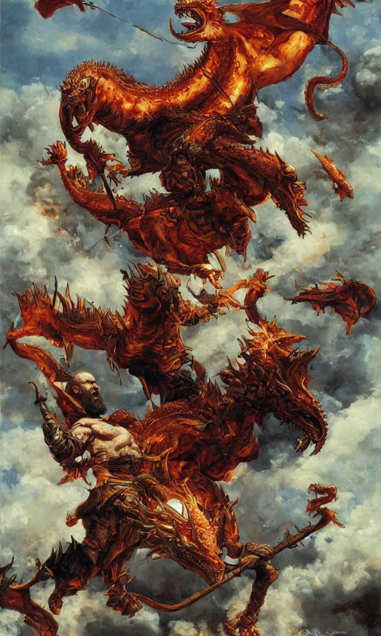 Image similar to a detailed oil painting rendition of kratos as lebron james riding a gigantic fire breathing dragon, art by norman rockwell