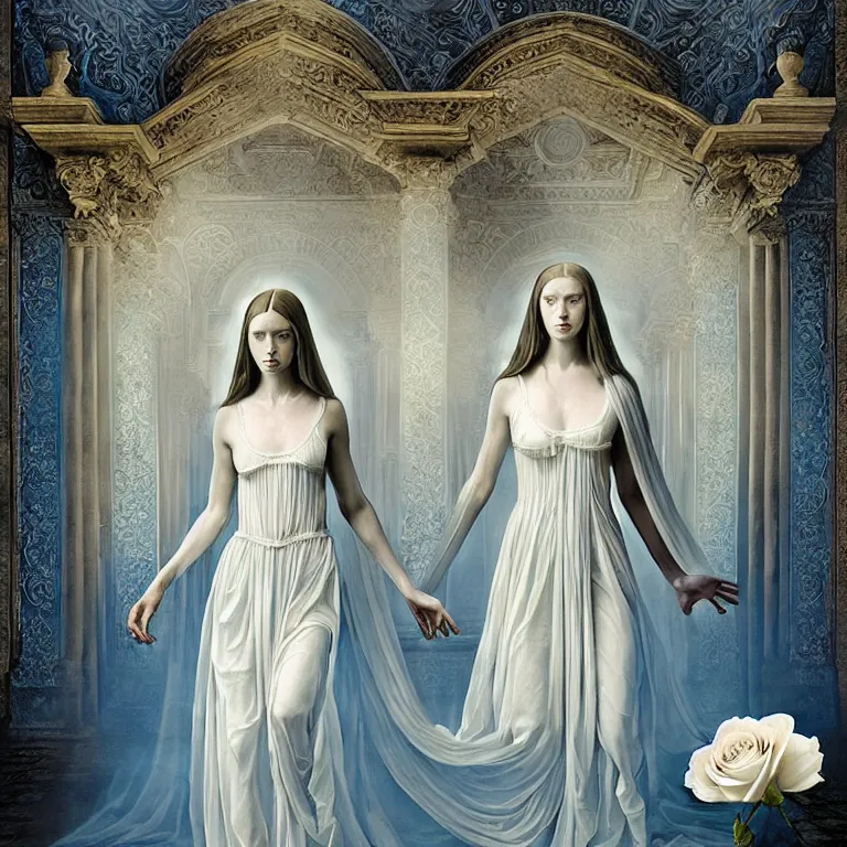 Prompt: renaissance professional digital art of wonderful symmetrical goddess with a majestic semi transparent white roses cotton dress, blue atmospheric light, dramatic lighting, cinematic, painted, intricate, detailed, foreboding, by art by meredit frampton and gregory crewdson, epic, stunning, gorgeous, much wow, cinematic, masterpiece.