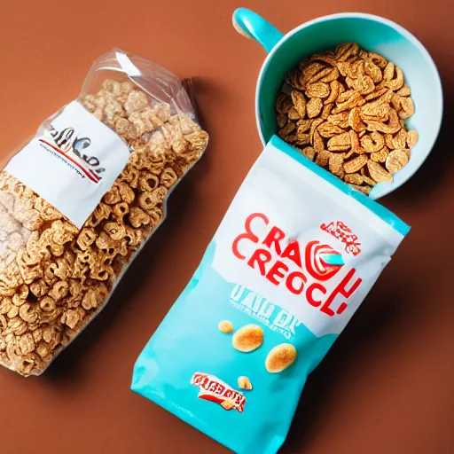 Prompt: a bag of cereal, product photo,