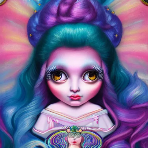 Image similar to a portrait the divine goddess of feminism, rosey cheeks, sparkles on eyelids, long rainbow hair highly detailed, ultra realistic digital painting, rococo, artstation, concept art, pop, smooth, sharp focus, illustration, art by mark ryden and lisa frank 3 d 8 k ultra detailed