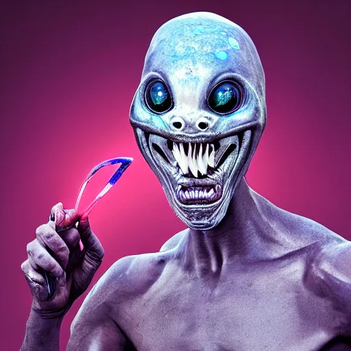 Image similar to an alien. angled jaw, snarling, omniverous layered teeth, smooth bioluminescent skin, hunter gatherer holding a opal tipped spear, mid length portrait photograph, highly detailed, high contrast lighting