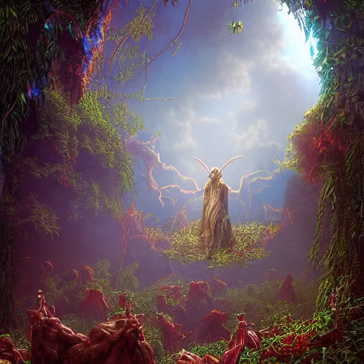 Prompt: Photorealistic devil in the garden of eden in the style of Michael Whelan and Gustave Dore. Hyperdetailed photorealism, 108 megapixels, amazing depth, glowing rich colors, powerful imagery, psychedelic Overtones, 3D finalrender, 3d shading, cinematic lighting, artstation concept art