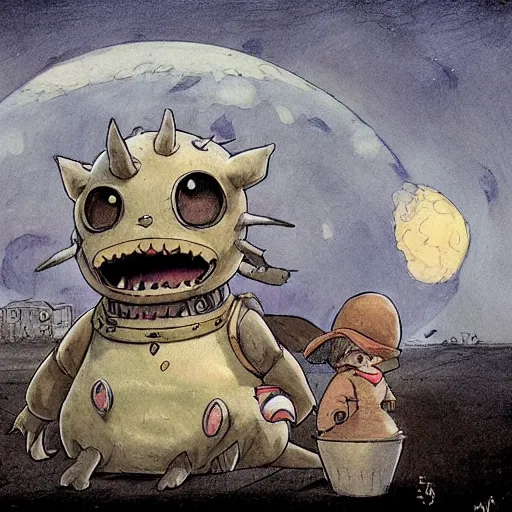 Image similar to ( ( ( ( ( grey lovecraftian mechanized pikachu demon from howl's moving castle ( 2 0 0 4 ), with a big head, on a desert road, wide shot, in front of a big moon. muted colors ) ) ) ) ) by jean - baptiste monge!!!