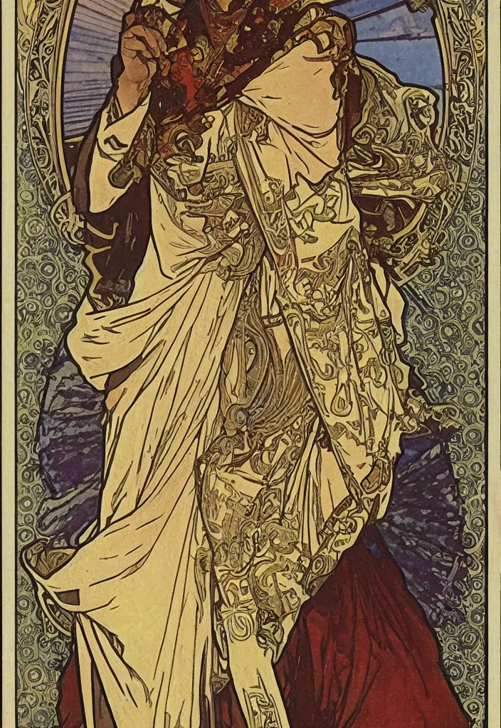 Image similar to geoffrey hinton as the emperor on a tarot card, tarot in art style by alphonse mucha