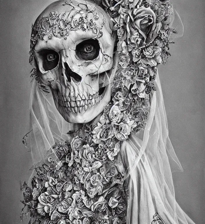 Image similar to portrait of a Bride's skeleton in veil with floral pattern by Laurie Lipton, high detailed, realistic,dark surrealism, hyper detailed, super intricate ornaments