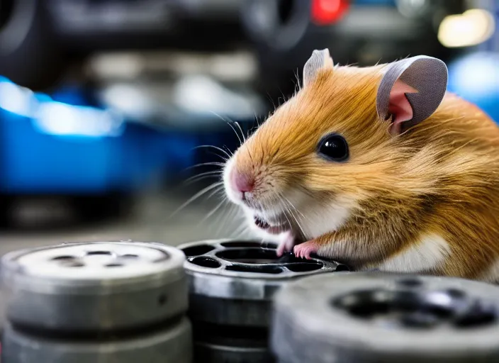 Image similar to film still of a hamster working as a mechanic in an auto shop, 8 k