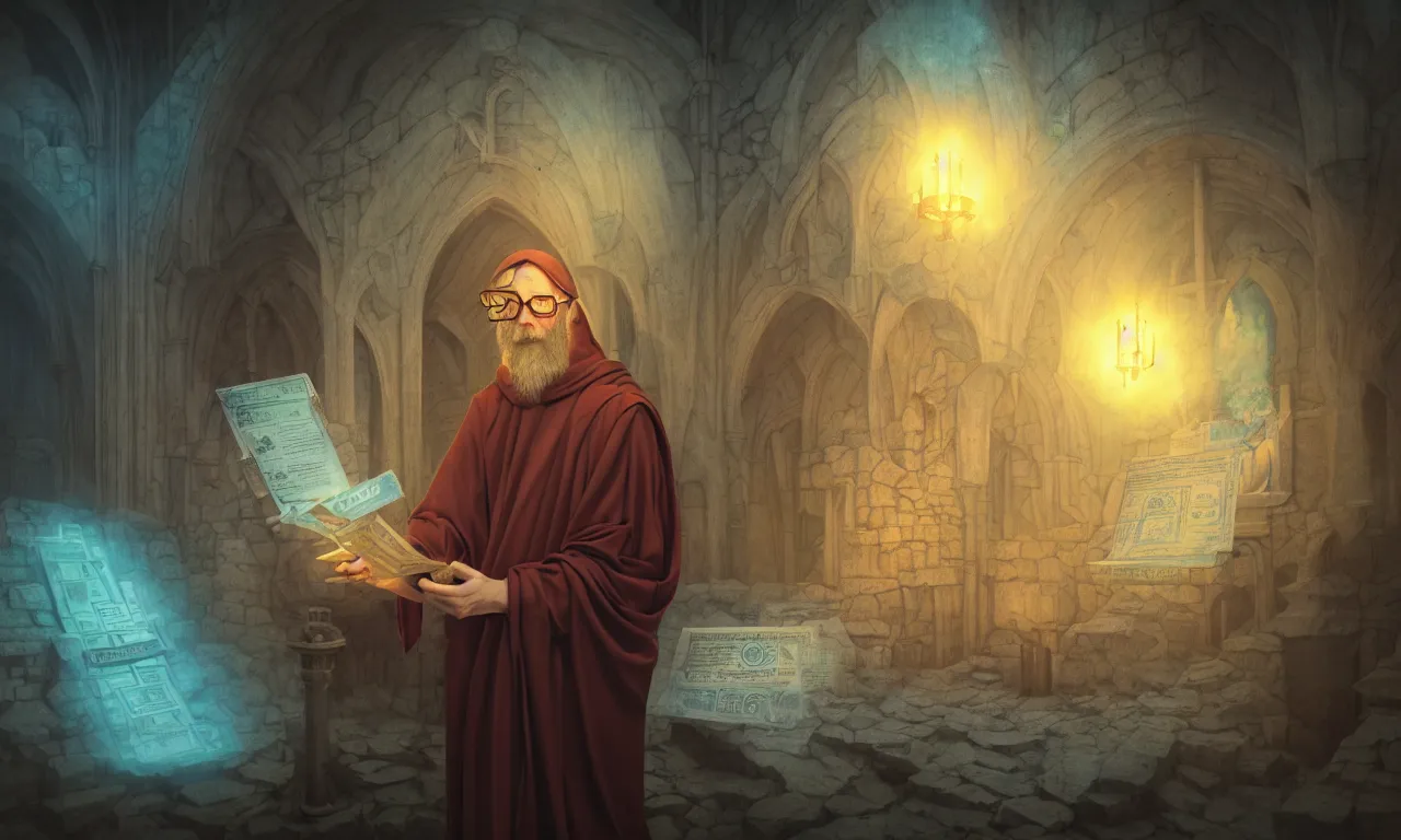 Prompt: monastery, kerberos realm, service ticket close up, wizard reading a directory, nordic pastel colors, abandoned railroad, 3 d art, digital illustration, perfect lighting