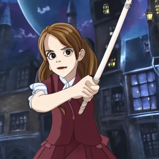 Prompt: emma watson as hermione granger as an anime character, holding a wand, animated diagon alley, night time