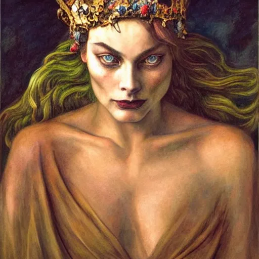 Prompt: weeping Margot Robbie wearing the bone crown, by Annie Swynnerton and Diego Rivera and Evelyn De Morgan, symbolist, dramatic lighting, elaborate geometric ornament, Art Brut ,god rays, soft cool colors,smooth, sharp focus, extremely detailed, Adolf Wölfli